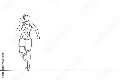 Single continuous line drawing of young happy health runner woman running at run track. Fun sport jogging and healthy lifestyle concept. Trendy one line draw design vector graphic illustration