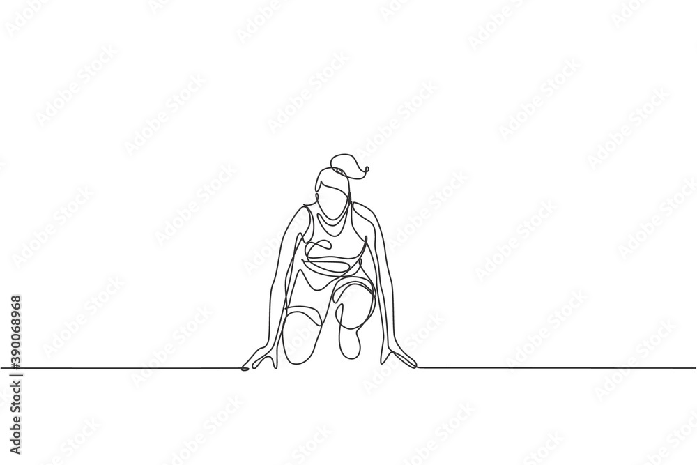 One single line drawing of young energetic woman runner ready to sprint at start line vector illustration. Healthy sport training concept. Modern continuous line draw design for running race banner