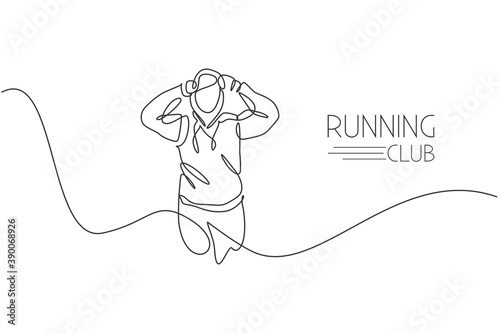 Single continuous line drawing of young agile man runner wearing hoodie cap while running relax. Healthy lifestyle concept. Trendy one line draw design vector illustration for running race promotion