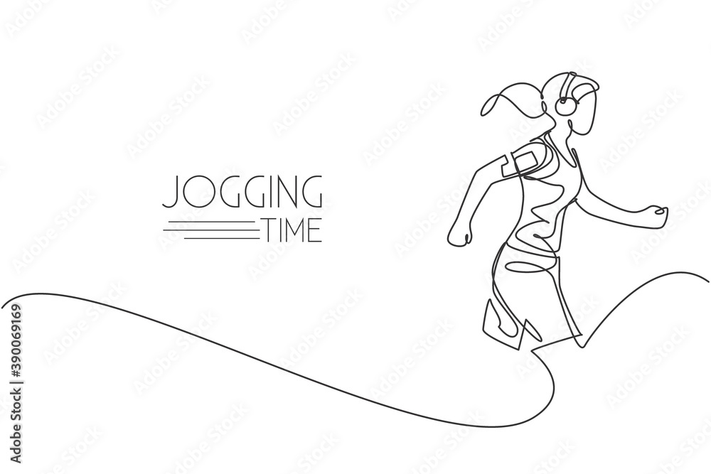 One single line drawing of young energetic woman runner run relax with ...