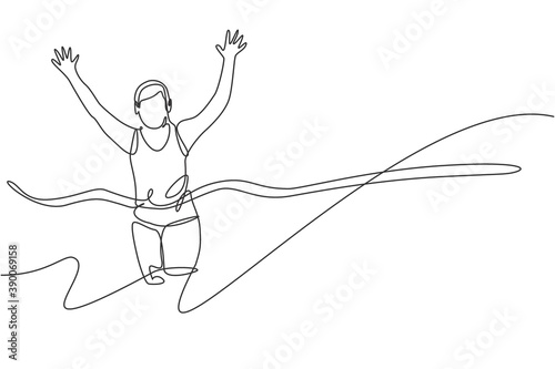 One continuous line drawing young sporty man runner reach the finish line. Health activity sport concept. Dynamic single line draw design vector graphic illustration for running event promotion poster