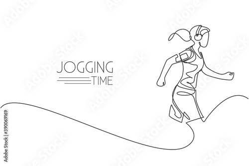 One single line drawing of young energetic woman runner run relax with music from smartphone vector illustration. Healthy sport training concept. Modern continuous line draw design for running banner