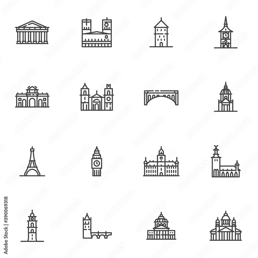 Tourism cities landmarks line icons set, outline vector symbol collection, linear style pictogram pack. Signs, logo illustration. Set includes icons as European cities landmark, big ben tower, bridge