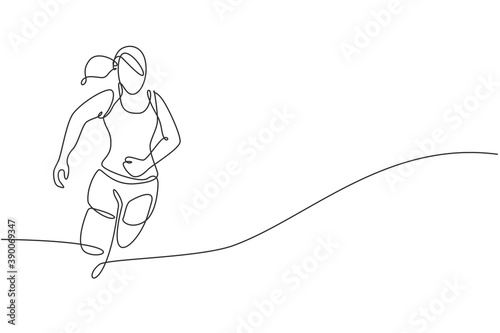 One single line drawing young energetic woman runner focus running on city road graphic vector illustration. Healthy sport training concept. Modern continuous line draw design for running race banner