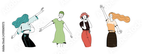 Collection of joyful women dancing at party vector illustration.  Flat duotone happy female characters. Positive thinking and enjoying life concept. Cartoon good mood power
