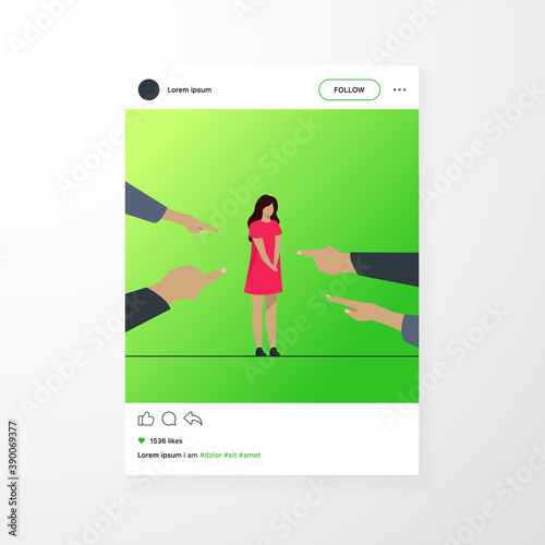 Depressed sad woman standing as victim flat vector illustration. Surrounded girl and fingers pointing at her. Conviction, indictment and social denunciation concept.