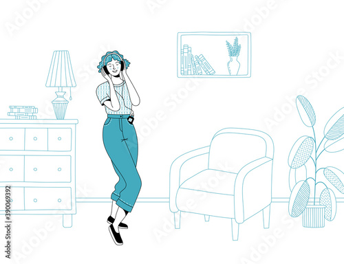Young cheerful woman with headphones listening to music and enjoying life in cozy room at home. Concept of good mood and positive thinking. Flat duotone linear vector illustration