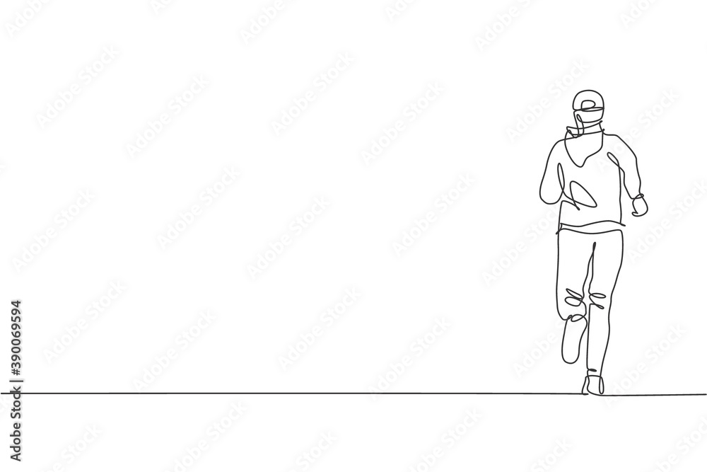 One single line drawing young energetic man runner run relax in street city road vector graphic illustration. Healthy sport training concept. Modern continuous line draw design for running race banner One single line drawing young energetic man runner run relax in street city road vector graphic illustration. Healthy sport training concept. Modern continuous line draw design for running race banner