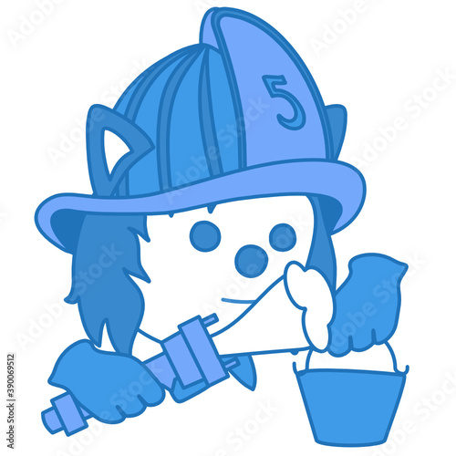 emoticon wolf with retro fireman or fireman at work fighting fire with water bucket and foam gun, wearing safety helmet or casque, simple hand drawn emoticon