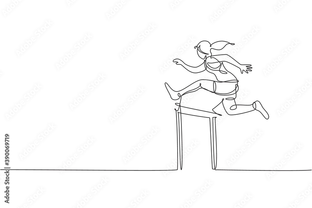 One continuous line drawing of young sporty woman runner jumping at obstacle run. Health activity sport concept. Dynamic single line draw design vector illustration for running event promotion poster