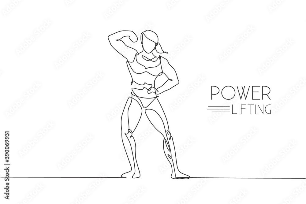 One continuous line drawing young strong model woman bodybuilder pose confidently. Fitness center gym logo concept. Dynamic single line draw design graphic vector illustration for bodybuilding contest One continuous line drawing young strong model woman bodybuilder pose confidently. Fitness center gym logo concept. Dynamic single line draw design graphic vector illustration for bodybuilding contest