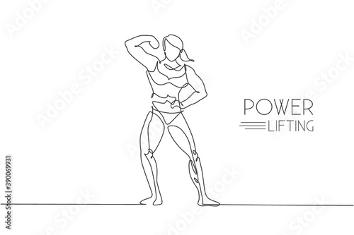One continuous line drawing young strong model woman bodybuilder pose confidently. Fitness center gym logo concept. Dynamic single line draw design graphic vector illustration for bodybuilding contest