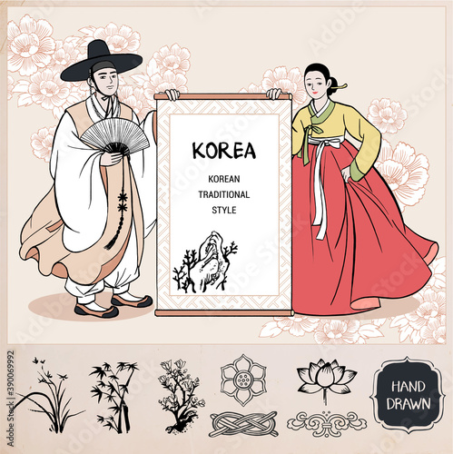 Couple wearing Korean traditional clothes, Hanbok. men and women holding banner. Flower pattern background. Hand drawn / Vector illustration.