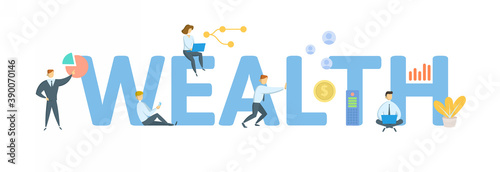 Wealth. Concept with keyword, people and icons. Flat vector illustration. Isolated on white background.