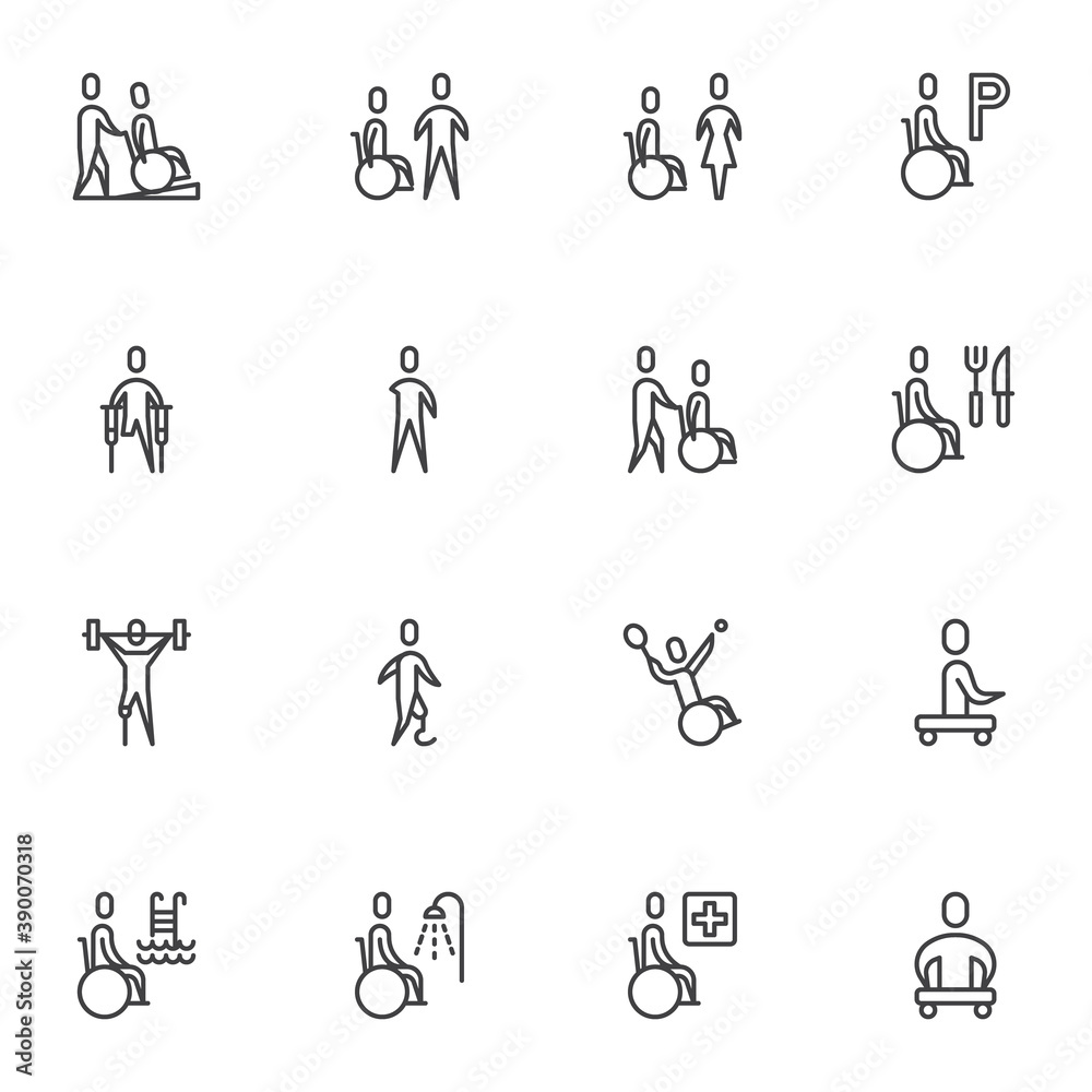 Disability line icons set, outline vector symbol collection, linear style pictogram pack. Signs, logo illustration. Set includes icons as disabled people supporting , wheelchair, handicapped person Disability line icons set, outline vector symbol collection, linear style pictogram pack. Signs, logo illustration. Set includes icons as disabled people supporting , wheelchair, handicapped person