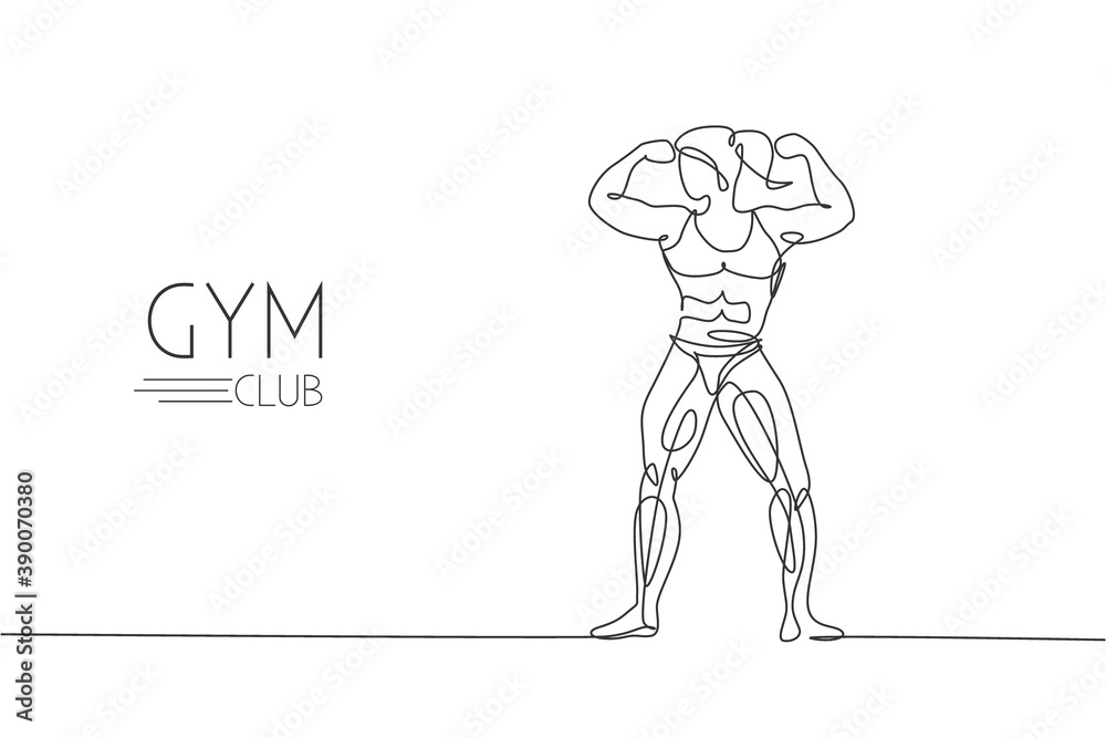 One single line drawing of young energetic model woman bodybuilder posed charming vector illustration. Healthy workout concept. Modern continuous line draw design for fitness center club logo and icon One single line drawing of young energetic model woman bodybuilder posed charming vector illustration. Healthy workout concept. Modern continuous line draw design for fitness center club logo and icon