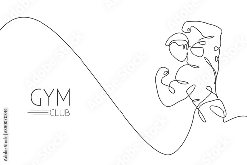 One single line drawing of young energetic model man bodybuilder posed vector illustration. Healthy workout fitness center concept. Modern continuous line draw design for bodybuilding club logo icon