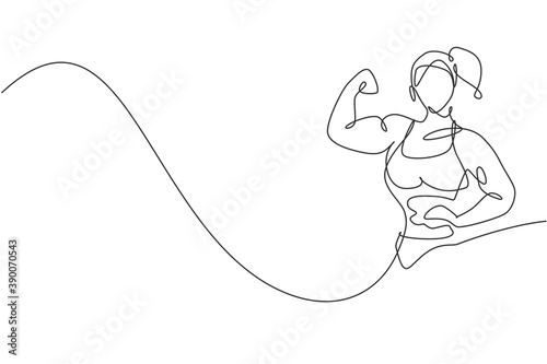 One continuous line drawing of young strong model woman bodybuilder pose confidently. Fitness gym logo concept. Dynamic single line draw design vector illustration for bodybuilding competition contest