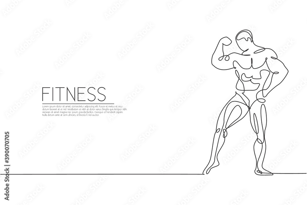Single continuous line drawing of young muscular model man bodybuilder posing elegant. Fitness center gym logo. Trendy one line draw design vector illustration for bodybuilding icon symbol template Single continuous line drawing of young muscular model man bodybuilder posing elegant. Fitness center gym logo. Trendy one line draw design vector illustration for bodybuilding icon symbol template