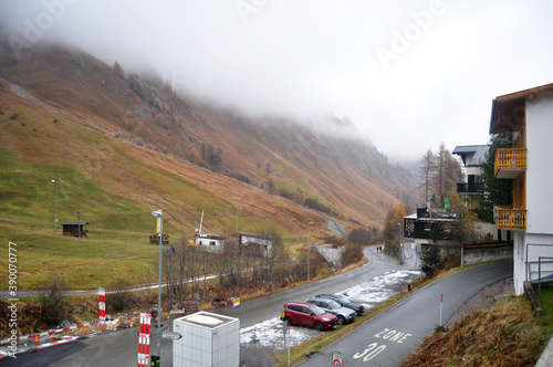 Classic building resort hotel for Swiss and foreign travel visit rest relax on alps mountain in Tschlin Ramosch village at Samnaun or Samignun valley on November 5, 2016 in Graubunden, Switzerland © tuayai