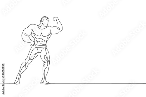 Single continuous line drawing of young muscular model man bodybuilder posing elegantly. Fitness gym logo. Trendy one line draw design vector illustration for budybuilding icon and symbol template