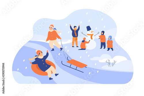 Happy kids enjoying winter and snow, sliding down hill on inflatable sled, making snowman. Vector illustration for childhood, winter fun, outdoor activities, holiday concept