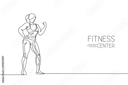 One continuous line drawing of young strong model woman bodybuilder posed. Fitness center gym logo concept. Dynamic single line draw design vector illustration for bodybuilding competition contest