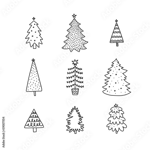 Christmas trees vector set. Cute fir tree clipart. Hand drawn vector Christmas tree collection isolated on white background