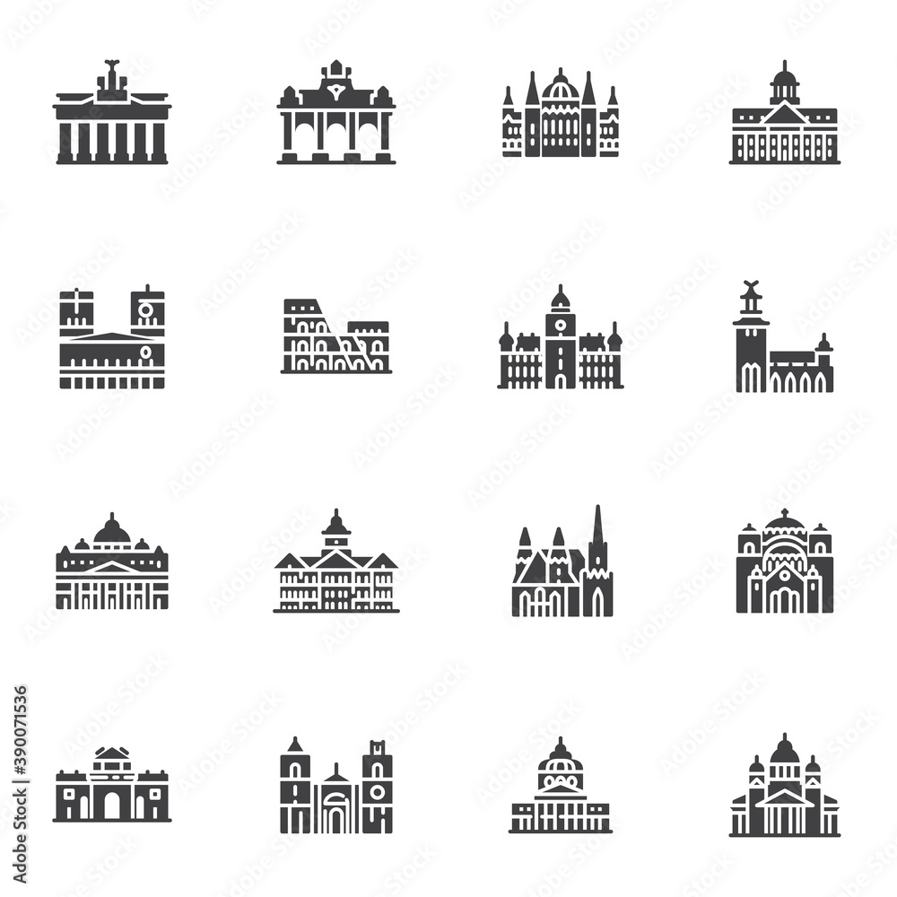 European cities landmarks vector icons set, modern solid symbol collection, filled style pictogram pack. Signs, logo illustration. Set includes icons as world famous buildings, castles and towers