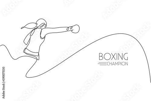 One continuous line drawing of young sporty woman boxer launch powerful punch. Competitive combat sport concept. Dynamic single line draw design vector illustration for boxing match promotion poster