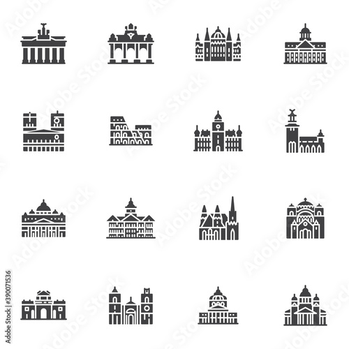 European cities landmarks vector icons set, modern solid symbol collection, filled style pictogram pack. Signs, logo illustration. Set includes icons as world famous buildings, castles and towers #390071536