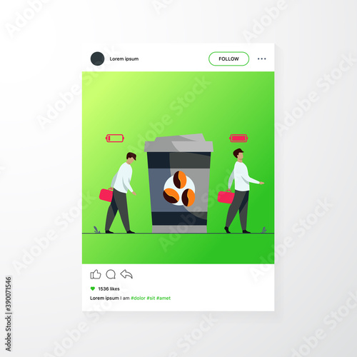 Man getting energy from cup of coffee. Caffeine addicted guy with disposal cup. Vector illustration for morning, coffee break, addiction, energetic drink concept
