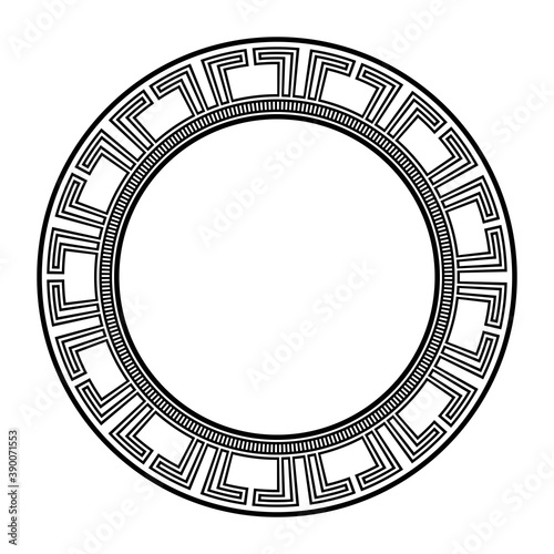 Ancient greek key round frame, geometric maze ornament, greece meander, pattern brush, black vector illustration, egyptian, assian motifs