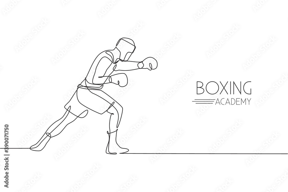 Fototapeta premium Single continuous line drawing of young agile man boxer upgrade his fight attack skill. Fair combative sport concept. Trendy one line draw design vector illustration for boxing game promotion media
