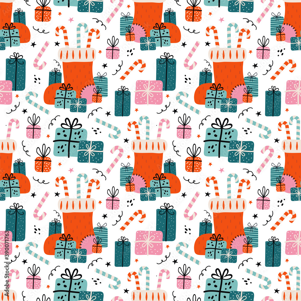 Merry Christmas and happy new year seamless pattern. Festive background with Christmas knitted sock, lots of gifts, sweets, candy cane. Xmas illustration in Scandinavian style. Vintage colors palette.