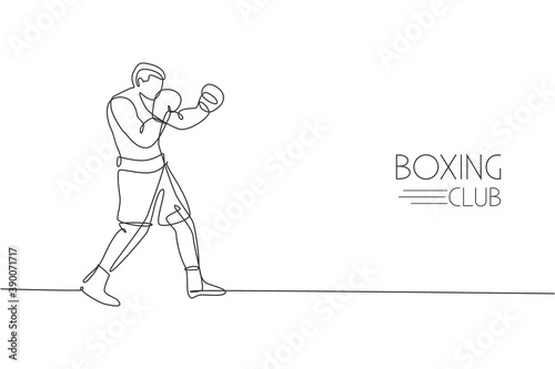 One continuous line drawing of young sporty man boxer improve defense skill. Competitive combat sport concept. Dynamic single line draw design vector illustration for boxing match promotion poster