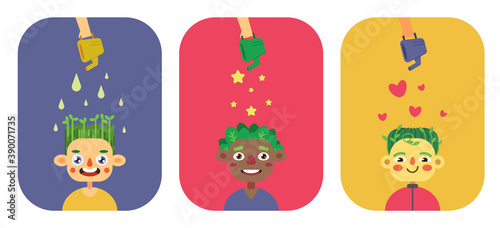 A set of cards with children who grow grass from their heads. Plants replace hair. Different nationalities and different hair types. Bright vector illustration in flat style.