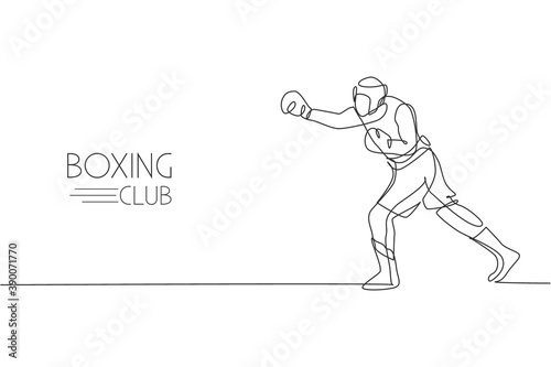 One single line drawing of young energetic man boxer improve his attack punch vector illustration. Sport combative training concept. Modern continuous line draw design for boxing championship banner