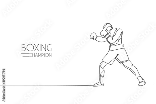 One single line drawing of young energetic man boxer practicing at sport gym vector illustration. Sport combative training concept. Modern continuous line draw design for boxing championship banner