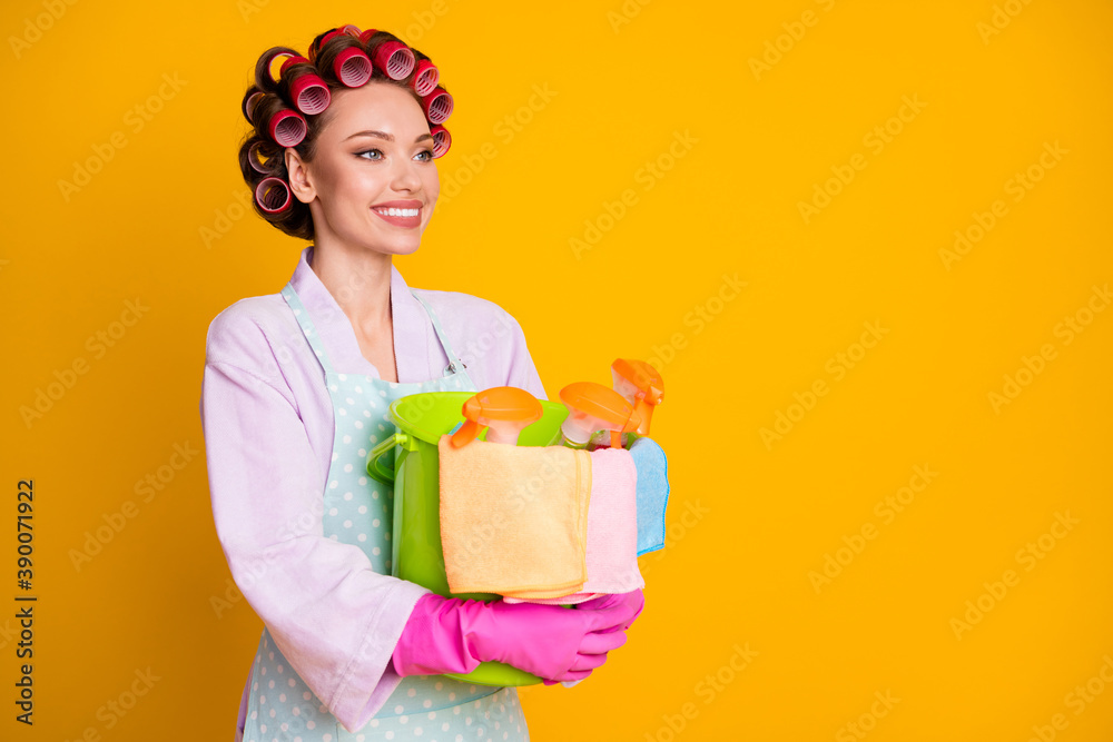 Turned photo of wife girl hug clean bottle spray wiper bucket wear bath robe isolated shine color background Turned photo of wife girl hug clean bottle spray wiper bucket wear bath robe isolated shine color background