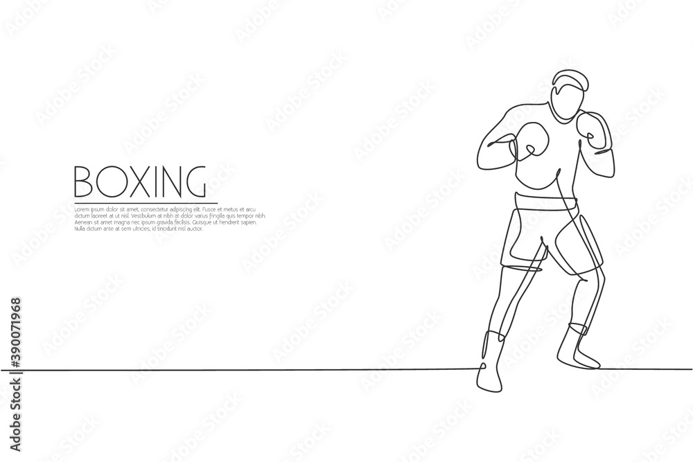 Single continuous line drawing of young agile man boxer improve his fight stance at gym. Fair combative sport concept. Trendy one line draw design vector illustration for boxing game promotion media