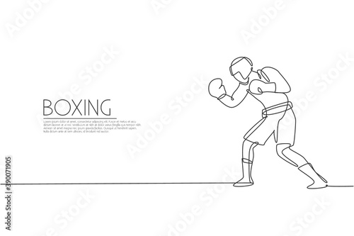 One single line drawing of young energetic man boxer focus practicing upper cut punch vector illustration. Sport combative training concept. Modern continuous line draw design for boxing event banner