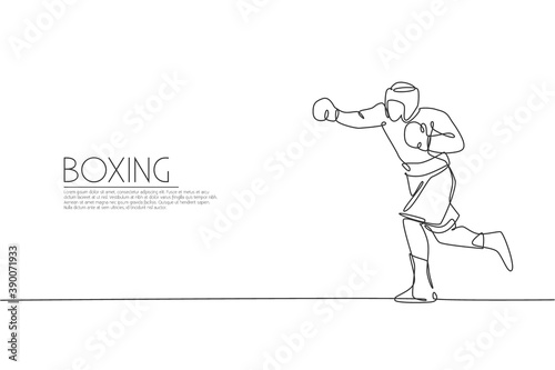 One continuous line drawing of young sporty man boxer practice his hook punch. Competitive combat sport concept. Dynamic single line draw design vector illustration for boxing match promotion poster