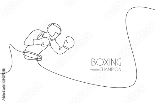 One continuous line drawing of young sporty man boxer focus practicing at gym. Competitive combat sport concept. Dynamic single line draw design vector illustration for boxing match promotion poster