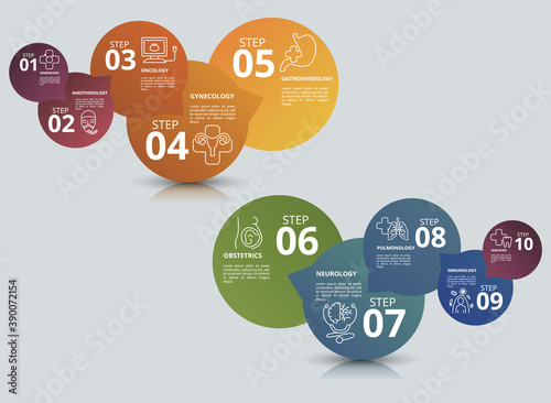 Infographic Medical template. Icons in different colors. Include Venerology, Anesthesiology, Oncology, Gynecology and others.