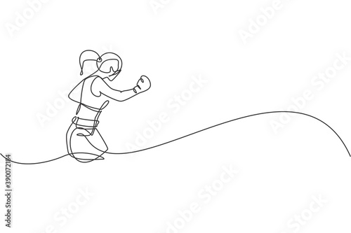 Single continuous line drawing of young agile woman boxer launch powerful uppercut punch. Fair combative sport concept. Trendy one line draw design vector illustration for boxing game promotion media