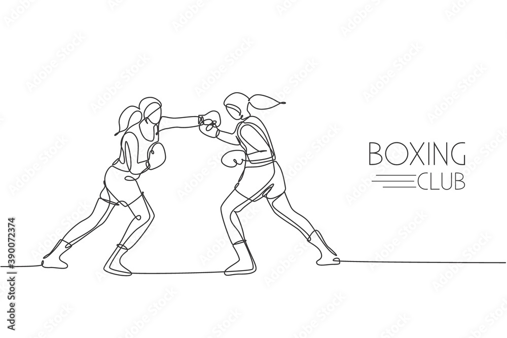 Single continuous line drawing of two young agile women boxer sparring in boxing ring. Fair combative sport concept. Trendy one line draw design vector illustration for boxing game promotion media Single continuous line drawing of two young agile women boxer sparring in boxing ring. Fair combative sport concept. Trendy one line draw design vector illustration for boxing game promotion media