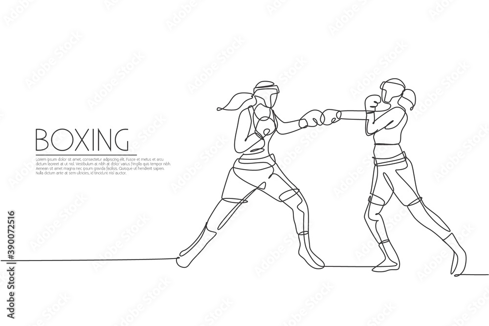 One single line drawing of two young energetic women boxer bump their fists punch vector illustration. Sport combative training concept. Modern continuous line draw design for boxing champions banner