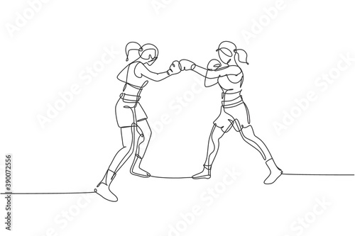One continuous line drawing of young sporty woman boxer bump their fist punch. Competitive combat sport concept. Dynamic single line draw design vector illustration for boxing match promotion poster