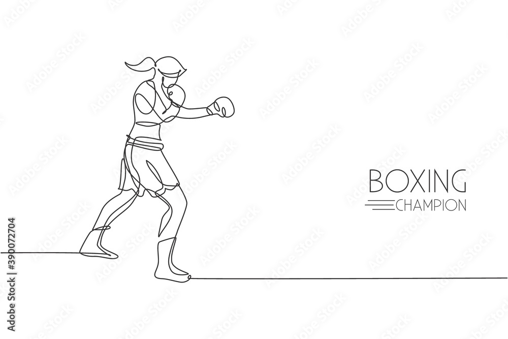 One single line drawing of young energetic woman boxer practicing punch at sport gym vector illustration. Sport combative training concept. Modern continuous line draw design for boxing event banner
